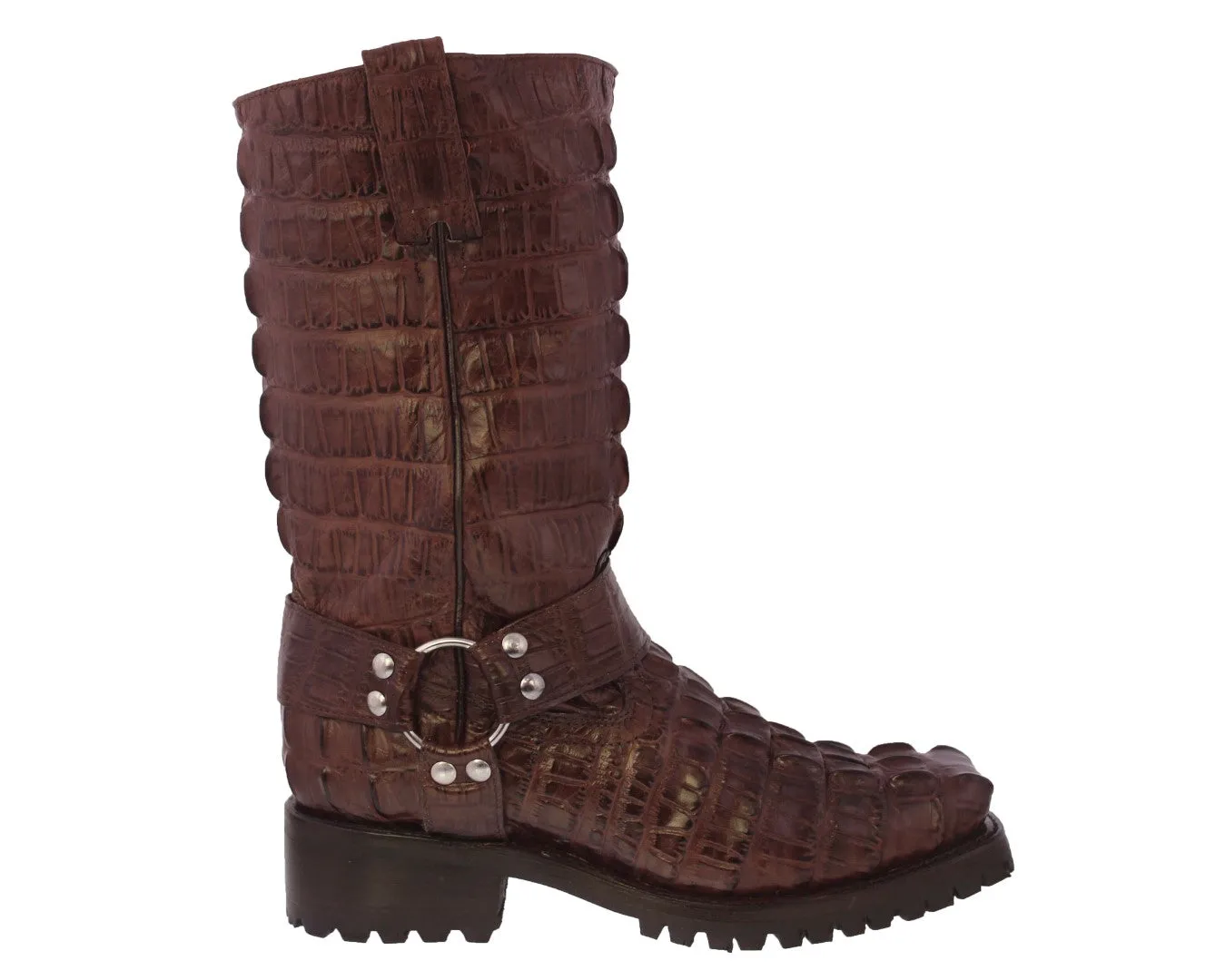 Mens Brown Motorcycle Boots Crocodile Tail Print - Square Toe