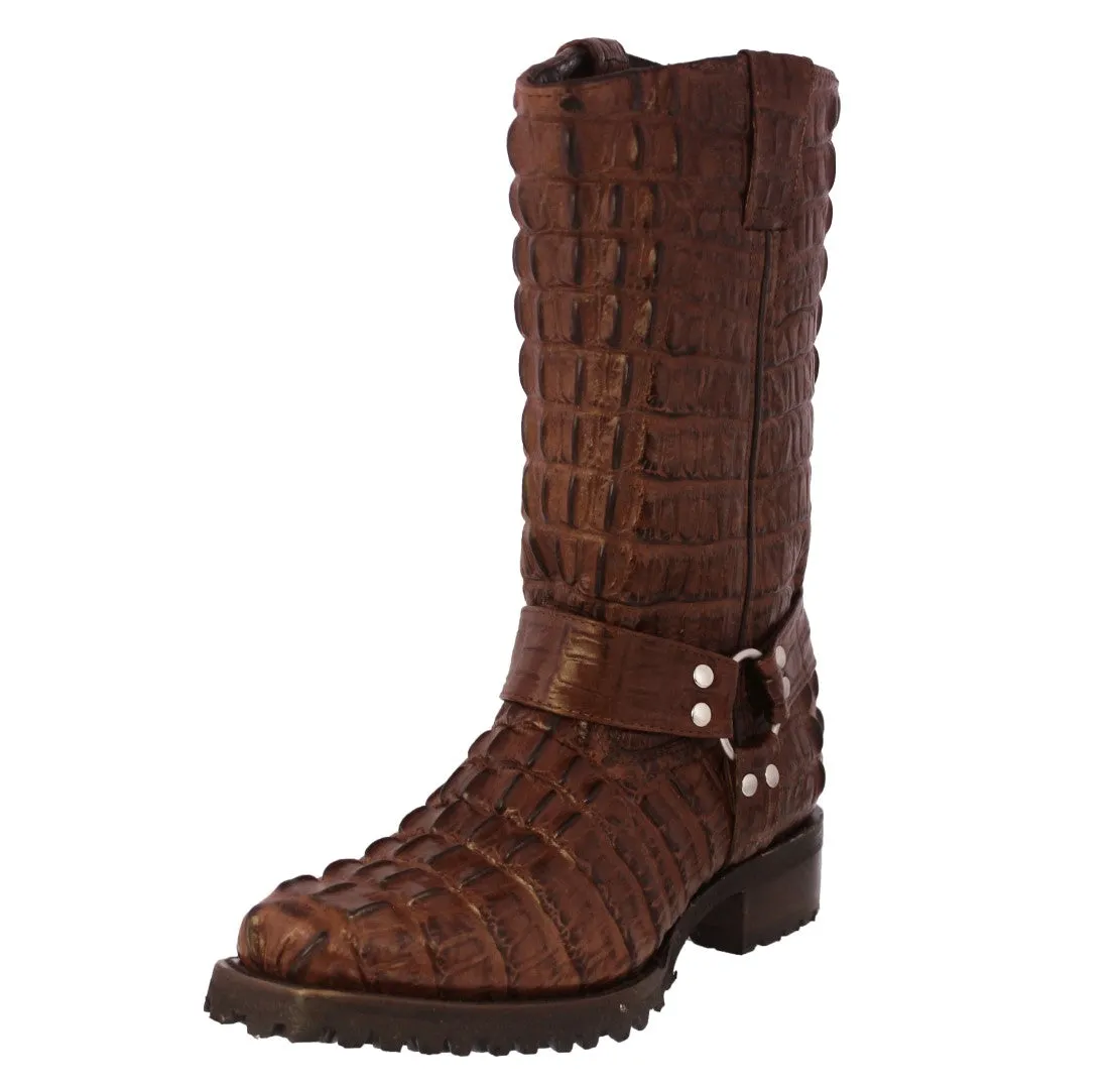 Mens Brown Motorcycle Boots Crocodile Tail Print - Square Toe