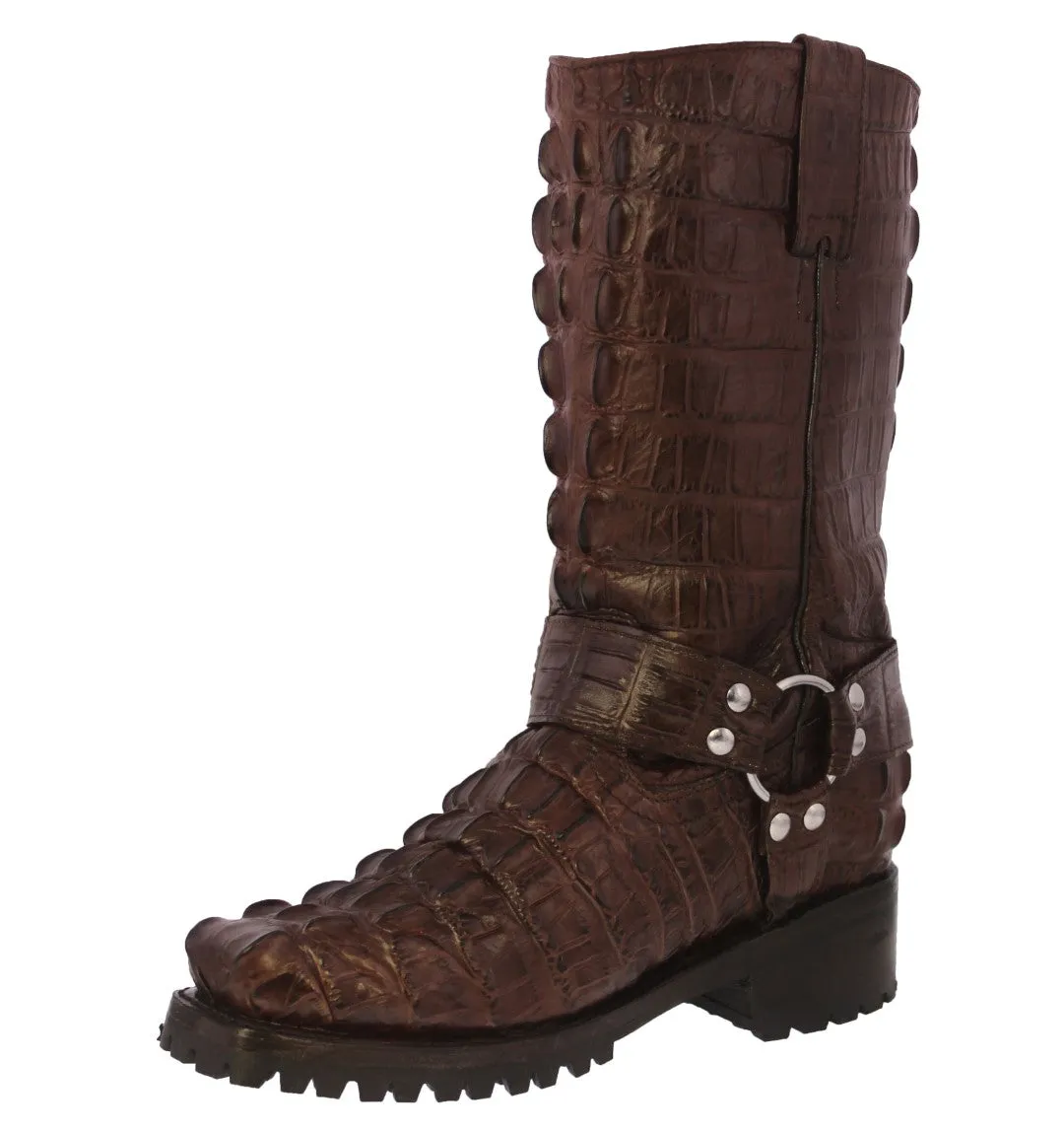 Mens Brown Motorcycle Boots Crocodile Tail Print - Square Toe