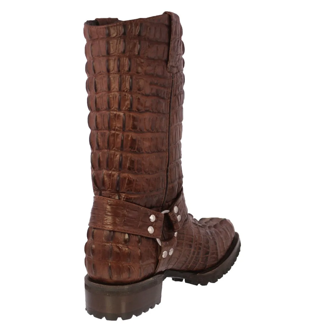 Mens Brown Motorcycle Boots Crocodile Tail Print - Square Toe