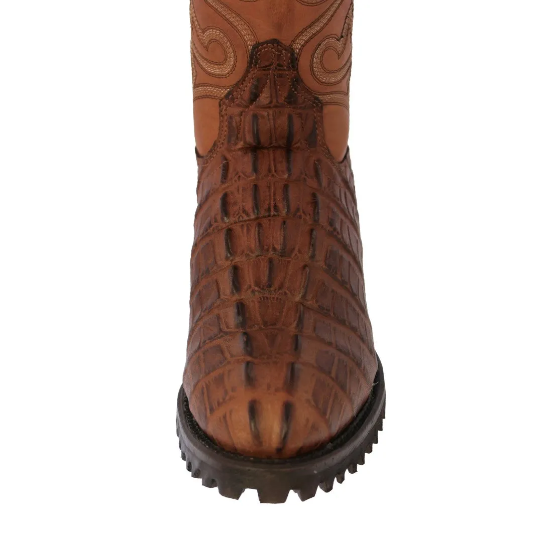 Mens Cognac Motorcycle Boots Crocodile Tail Print - Round Toe