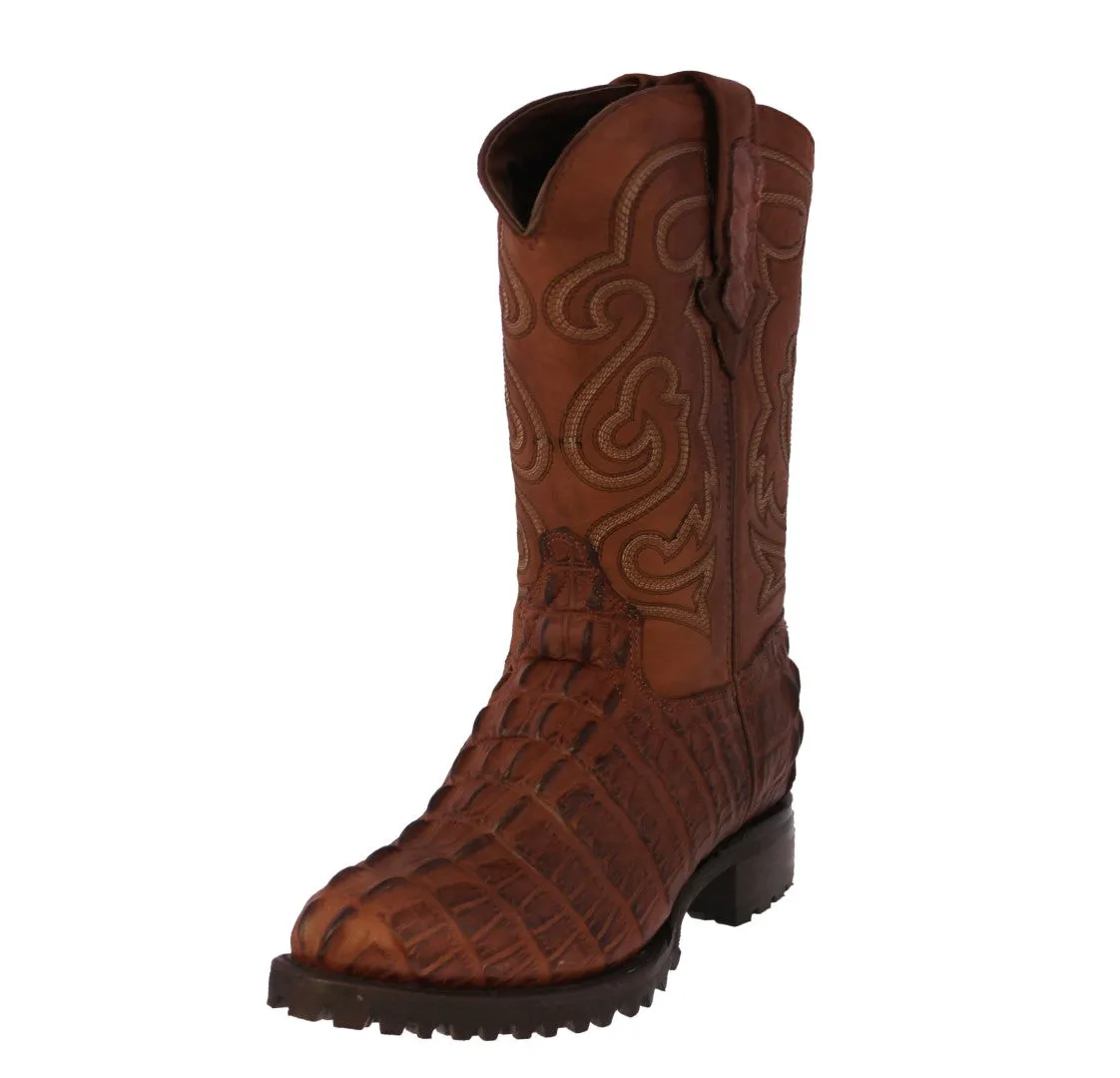 Mens Cognac Motorcycle Boots Crocodile Tail Print - Round Toe