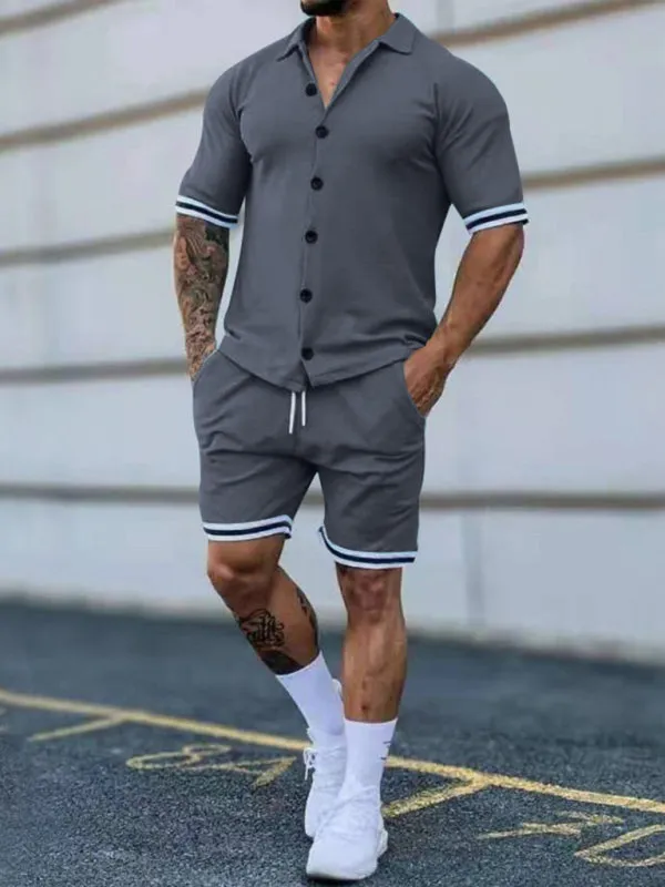 Men's color contrast lapel short-sleeved shirt   shorts two-piece suit