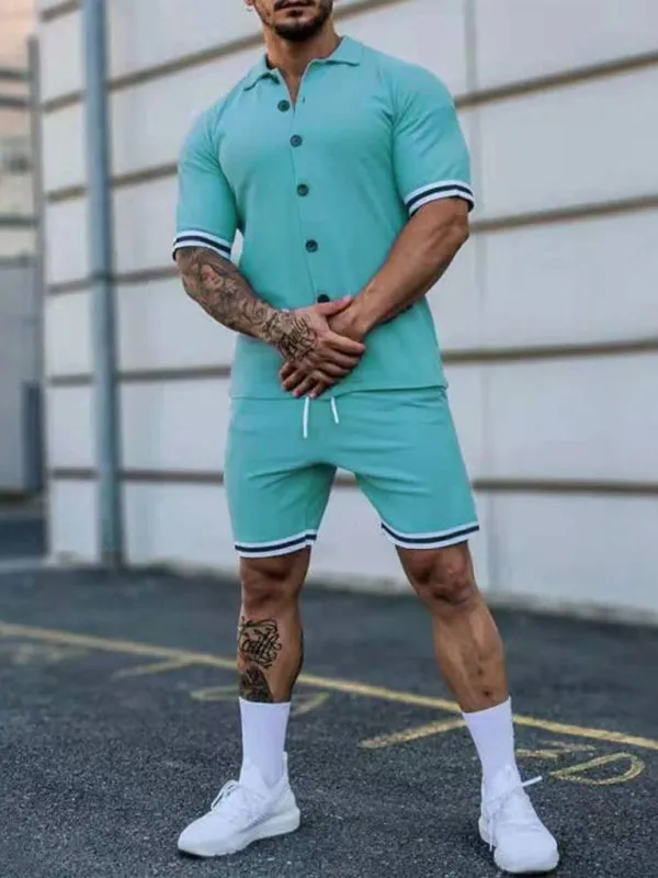 Men's color contrast lapel short-sleeved shirt   shorts two-piece suit