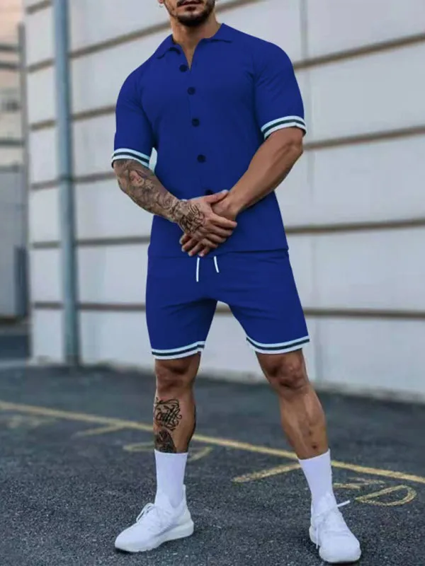 Men's color contrast lapel short-sleeved shirt   shorts two-piece suit