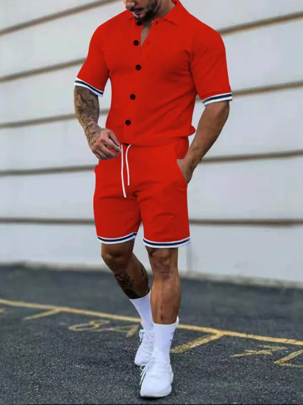 Men's color contrast lapel short-sleeved shirt   shorts two-piece suit