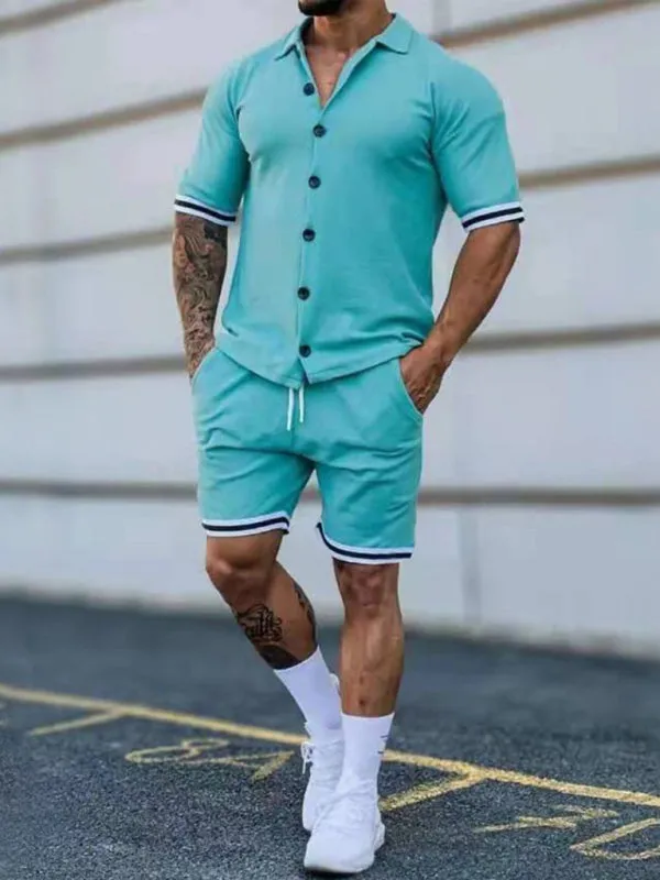 Men's color contrast lapel short-sleeved shirt   shorts two-piece suit