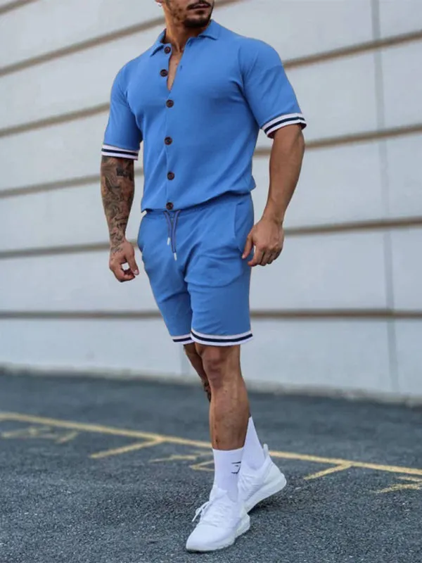 Men's color contrast lapel short-sleeved shirt   shorts two-piece suit