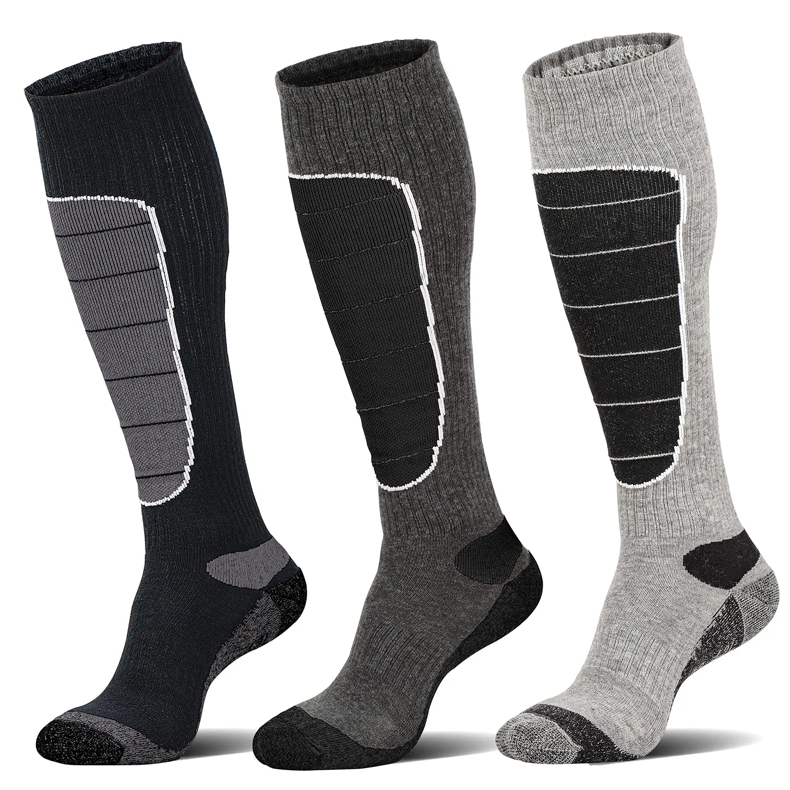 Merino Wool Ski Socks, Cold Weather Socks for Snowboarding, Snow, Winter, Thermal Knee-high Warm Socks, Hunting, Outdoor Sports (3 Pairs (Black Grey Grey), Large)