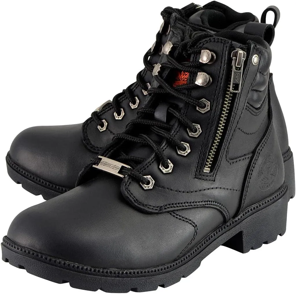 Milwaukee Leather MBL9320W Women's Black Premium Leather 'Wide-Width' Lace-Up Motorcycle Rider Boots