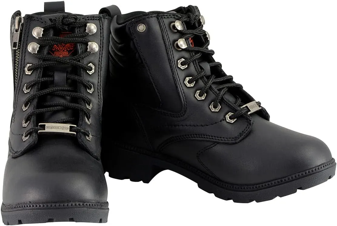 Milwaukee Leather MBL9320W Women's Black Premium Leather 'Wide-Width' Lace-Up Motorcycle Rider Boots