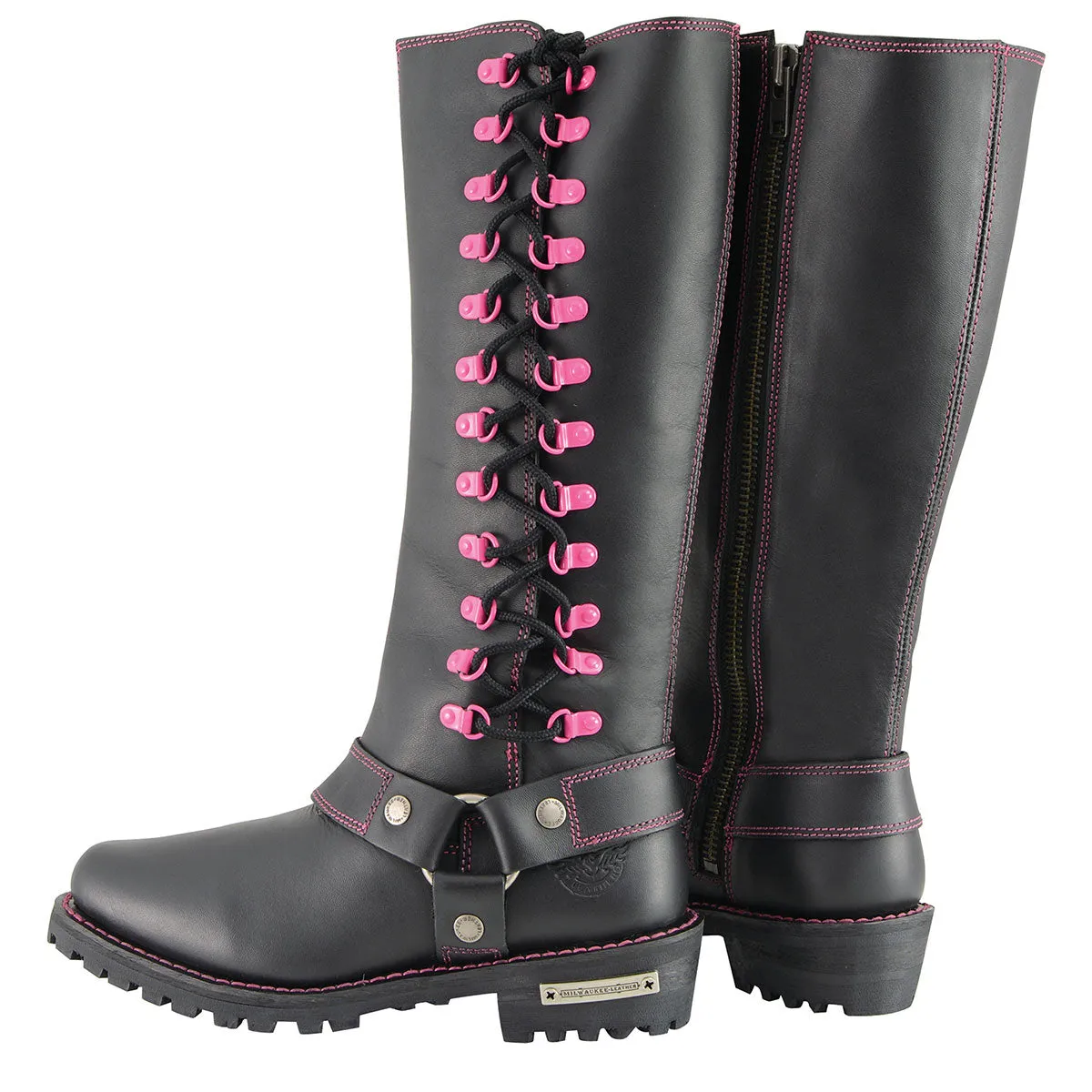 Milwaukee Leather MBL9367 Women's Black 14-inch Leather Harness Boots with Fuchsia Accent Lacing