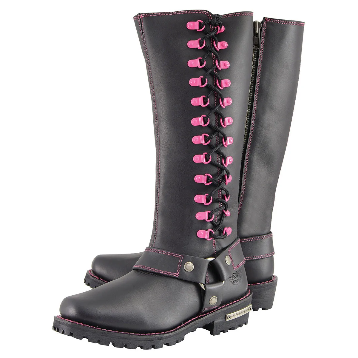 Milwaukee Leather MBL9367 Women's Black 14-inch Leather Harness Boots with Fuchsia Accent Lacing