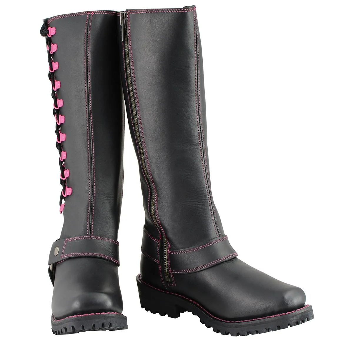 Milwaukee Leather MBL9367 Women's Black 14-inch Leather Harness Boots with Fuchsia Accent Lacing