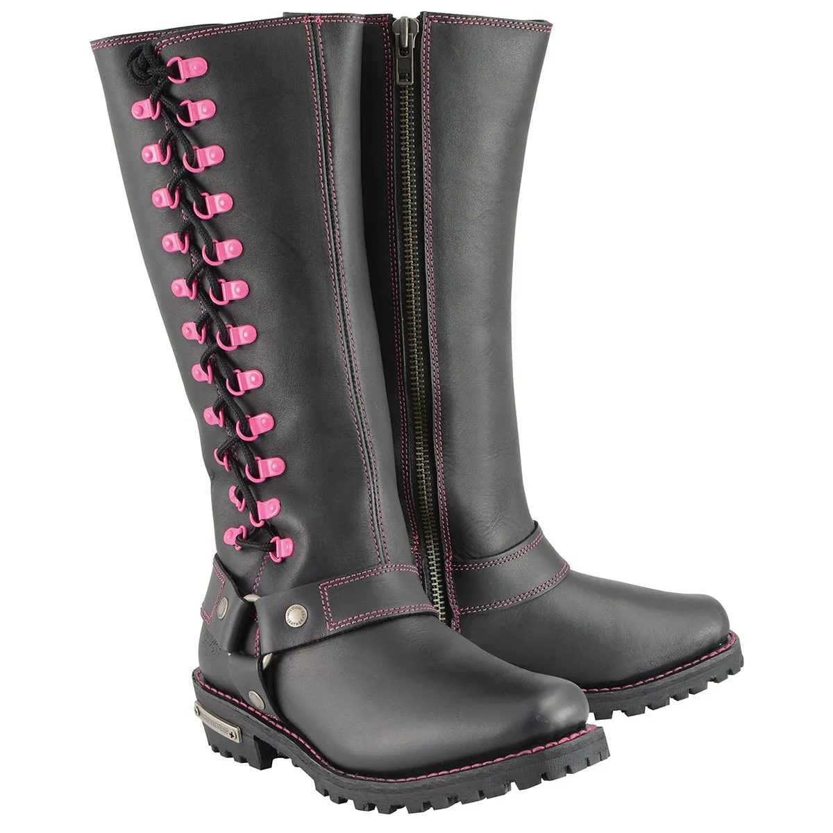 Milwaukee Leather MBL9367 Women's Black 14-inch Leather Harness Boots with Fuchsia Accent Lacing