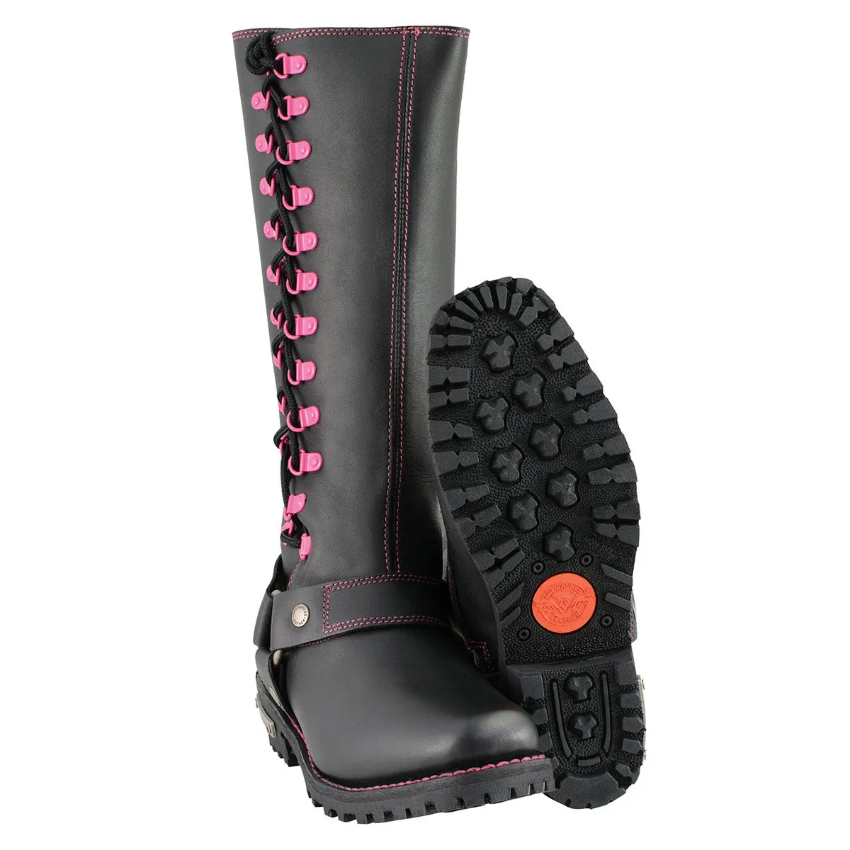 Milwaukee Leather MBL9367 Women's Black 14-inch Leather Harness Boots with Fuchsia Accent Lacing