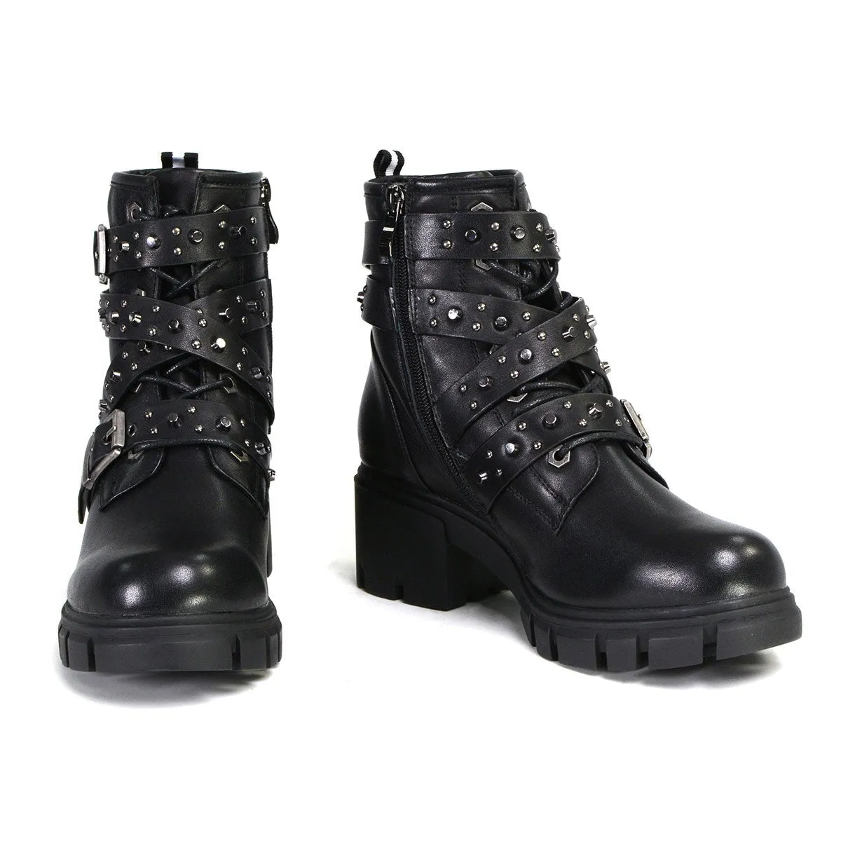 Milwaukee Leather MBL9444 Women's Bruiser Premium Black Lace-Up Fashion Boots w/ Studded Straps