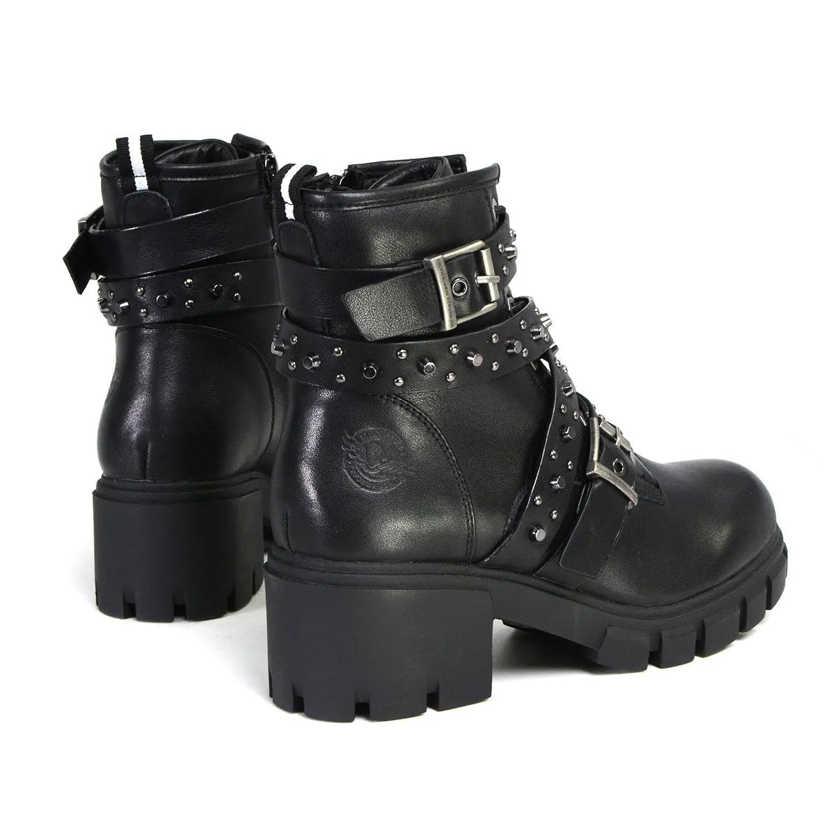 Milwaukee Leather MBL9444 Women's Bruiser Premium Black Lace-Up Fashion Boots w/ Studded Straps