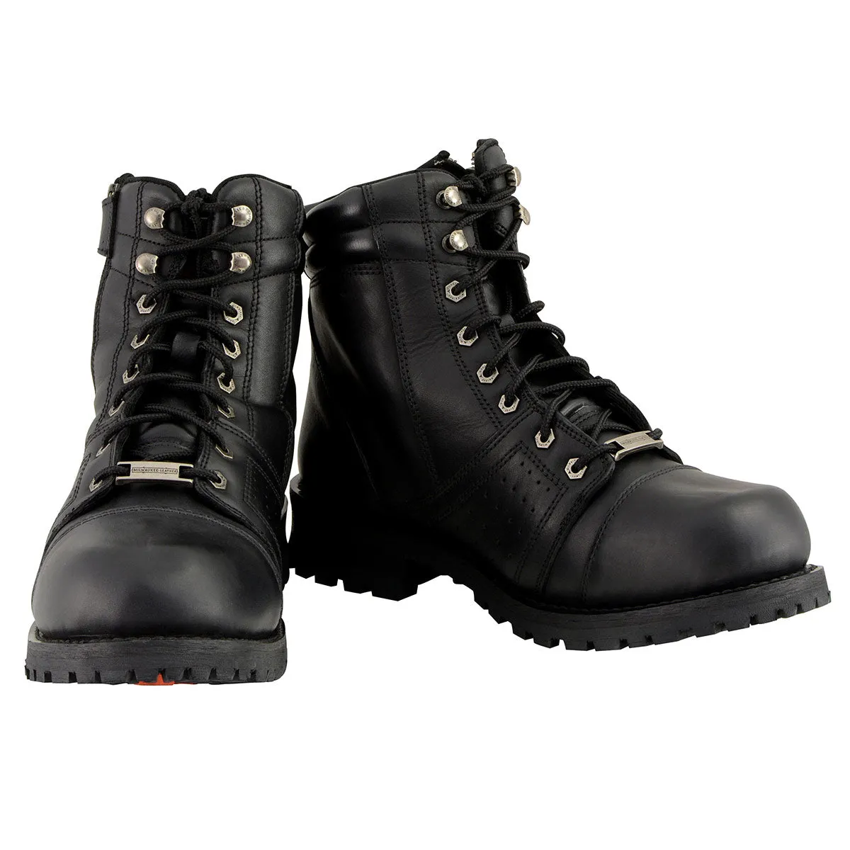 Milwaukee Leather Men's Black Lace-Up Wide-Width Motorcycle Leather Boots with Side Zipper Entry MBM9000W