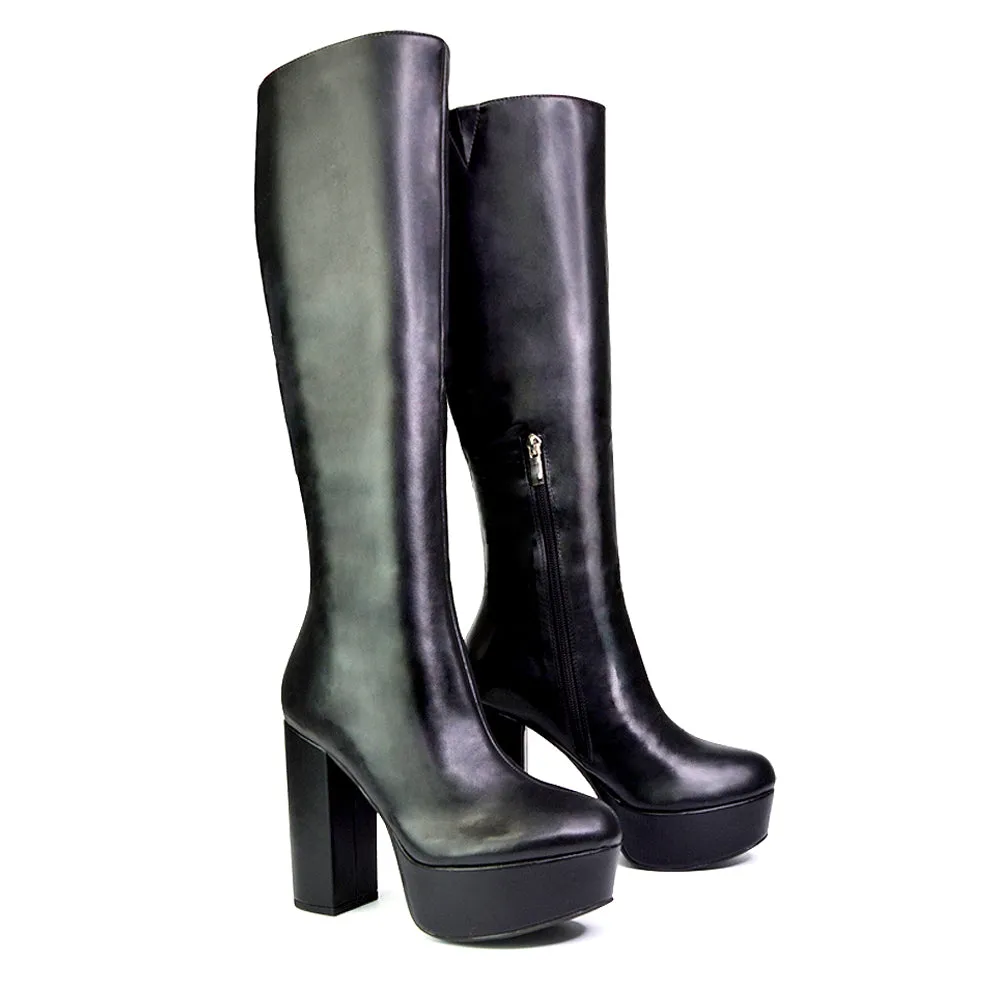 Nash Platform Knee High Boots With Chunky Block High Heel In Black Faux Suede