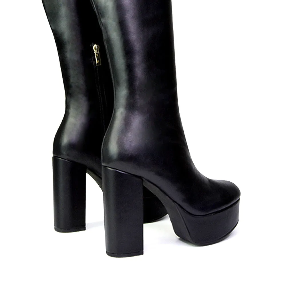 Nash Platform Knee High Boots With Chunky Block High Heel In Black Faux Suede