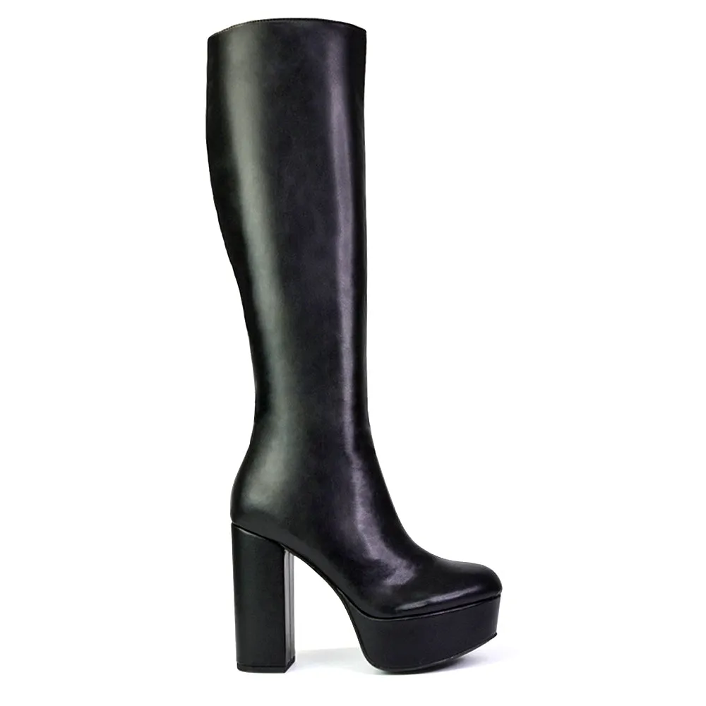 Nash Platform Knee High Boots With Chunky Block High Heel In Black Faux Suede