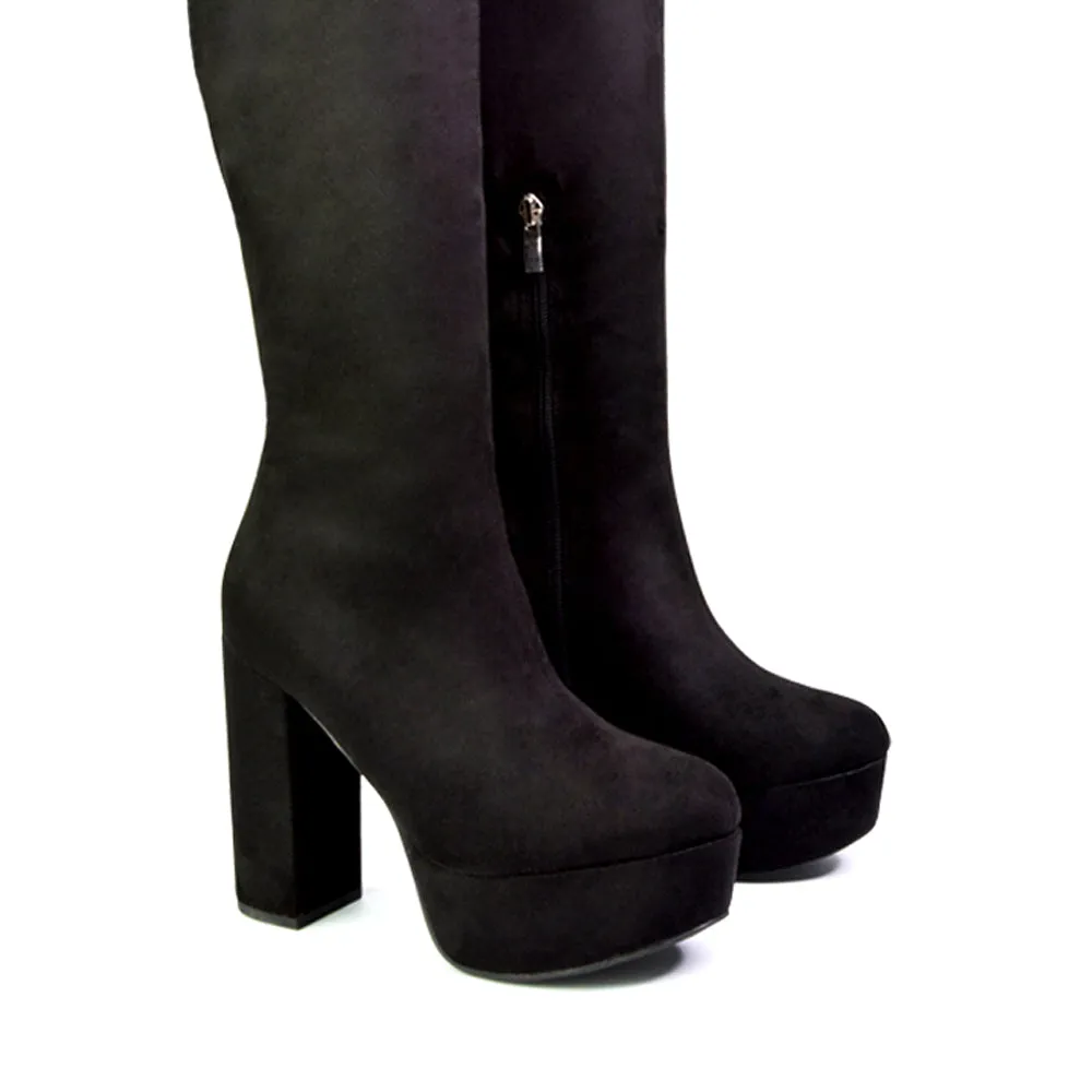 Nash Platform Knee High Boots With Chunky Block High Heel In Black Faux Suede