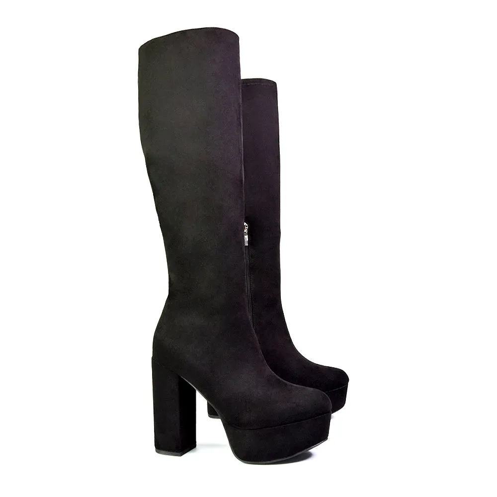 Nash Platform Knee High Boots With Chunky Block High Heel In Black Faux Suede