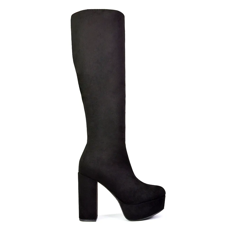 Nash Platform Knee High Boots With Chunky Block High Heel In Black Faux Suede