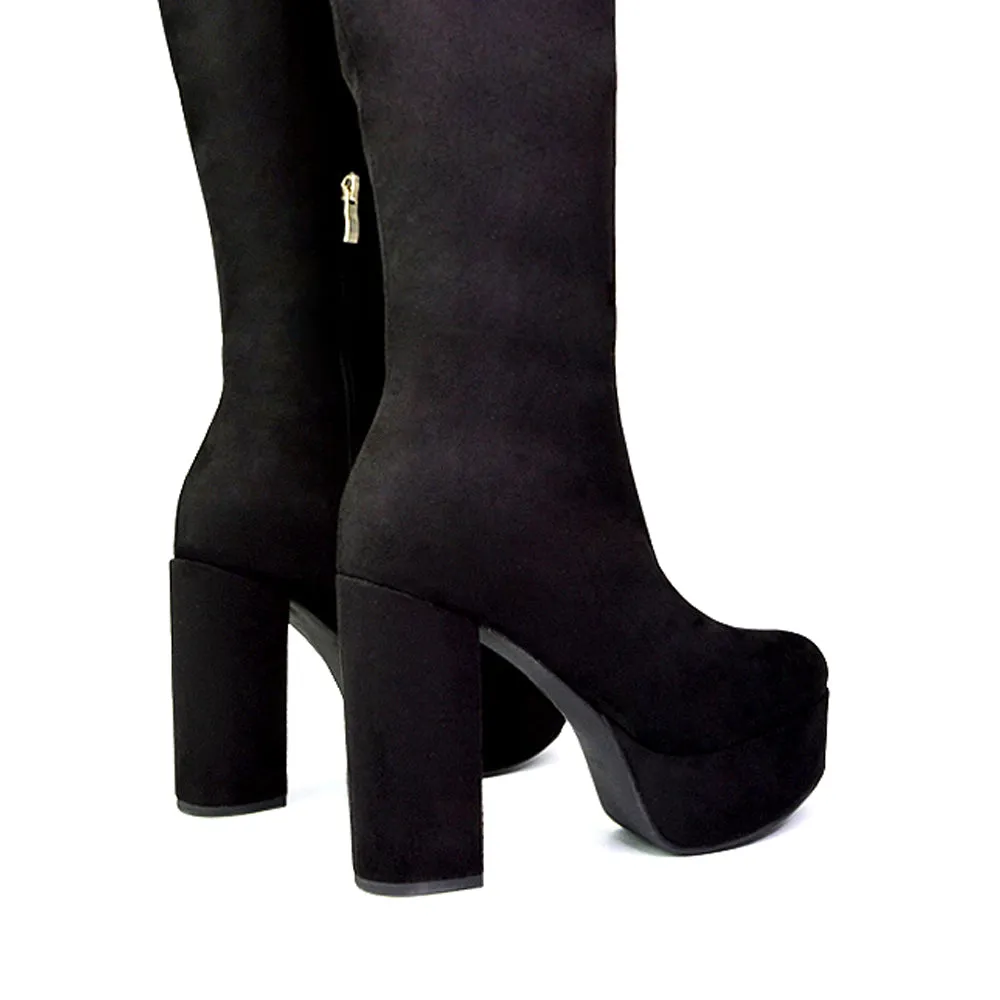 Nash Platform Knee High Boots With Chunky Block High Heel In Black Faux Suede