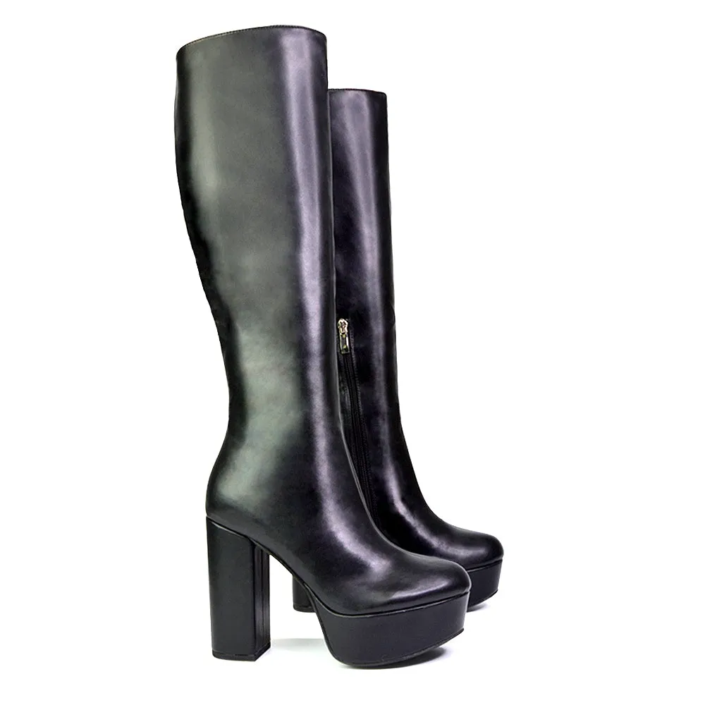 Nash Platform Knee High Boots With Chunky Block High Heel In Black Faux Suede