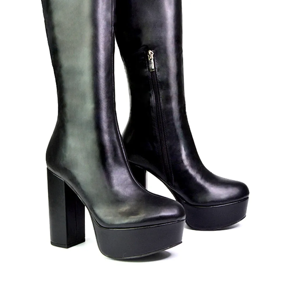 Nash Platform Knee High Boots With Chunky Block High Heel In Black Faux Suede