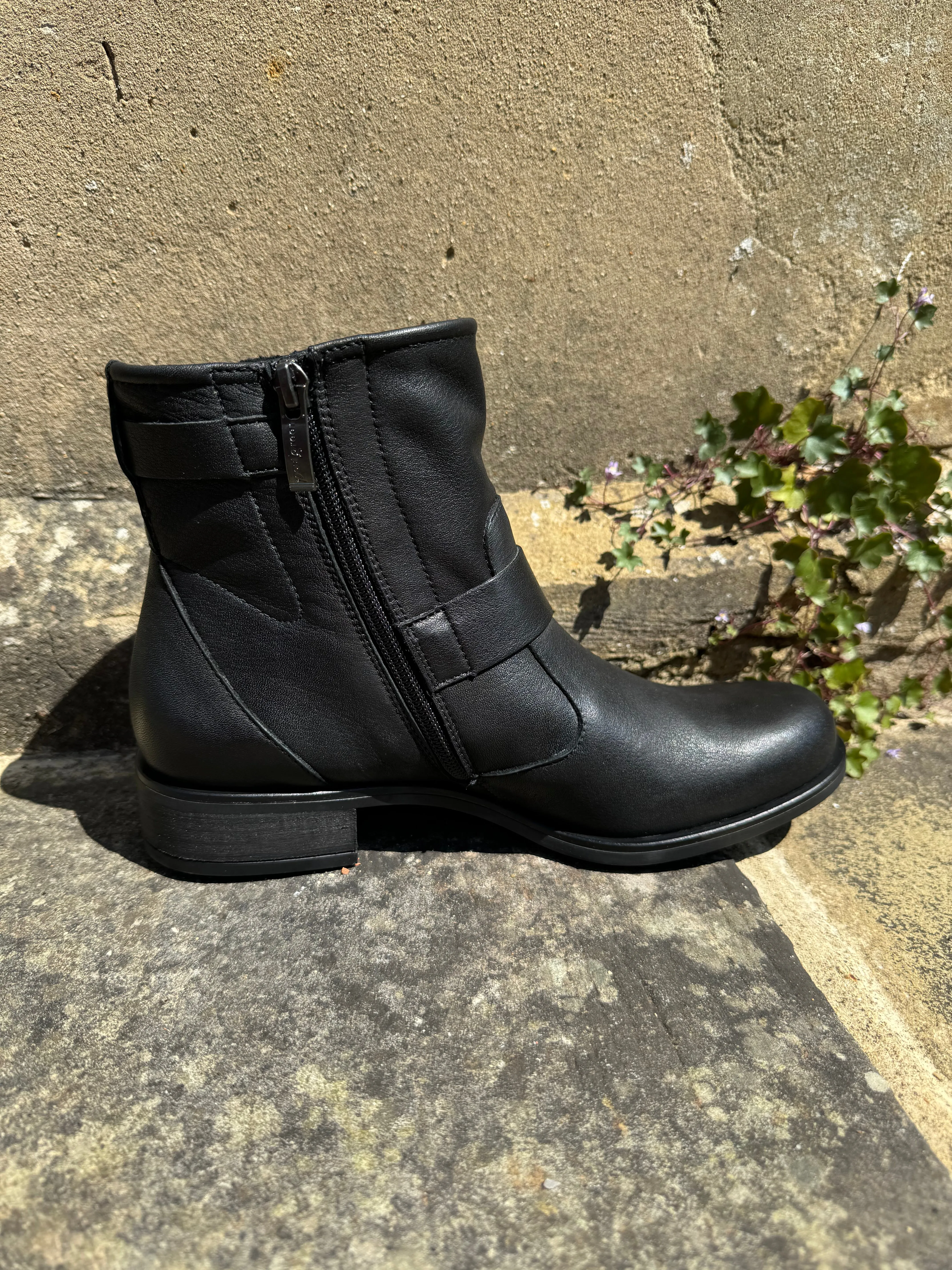 Paul Green Black Leather Buckle Ankle Boot