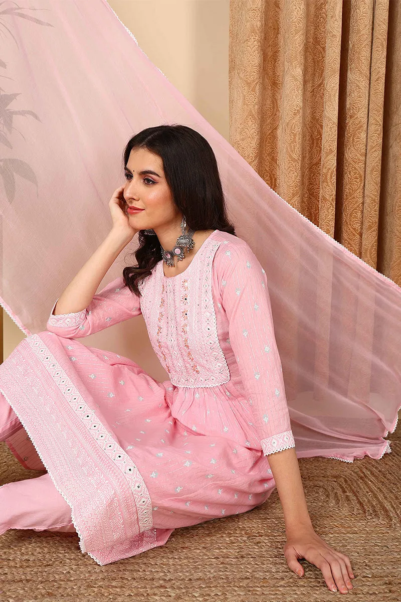 Pink Pure Cotton Ethnic Motifs Printed Yoke Design Suit Set