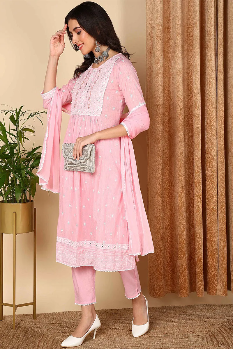 Pink Pure Cotton Ethnic Motifs Printed Yoke Design Suit Set