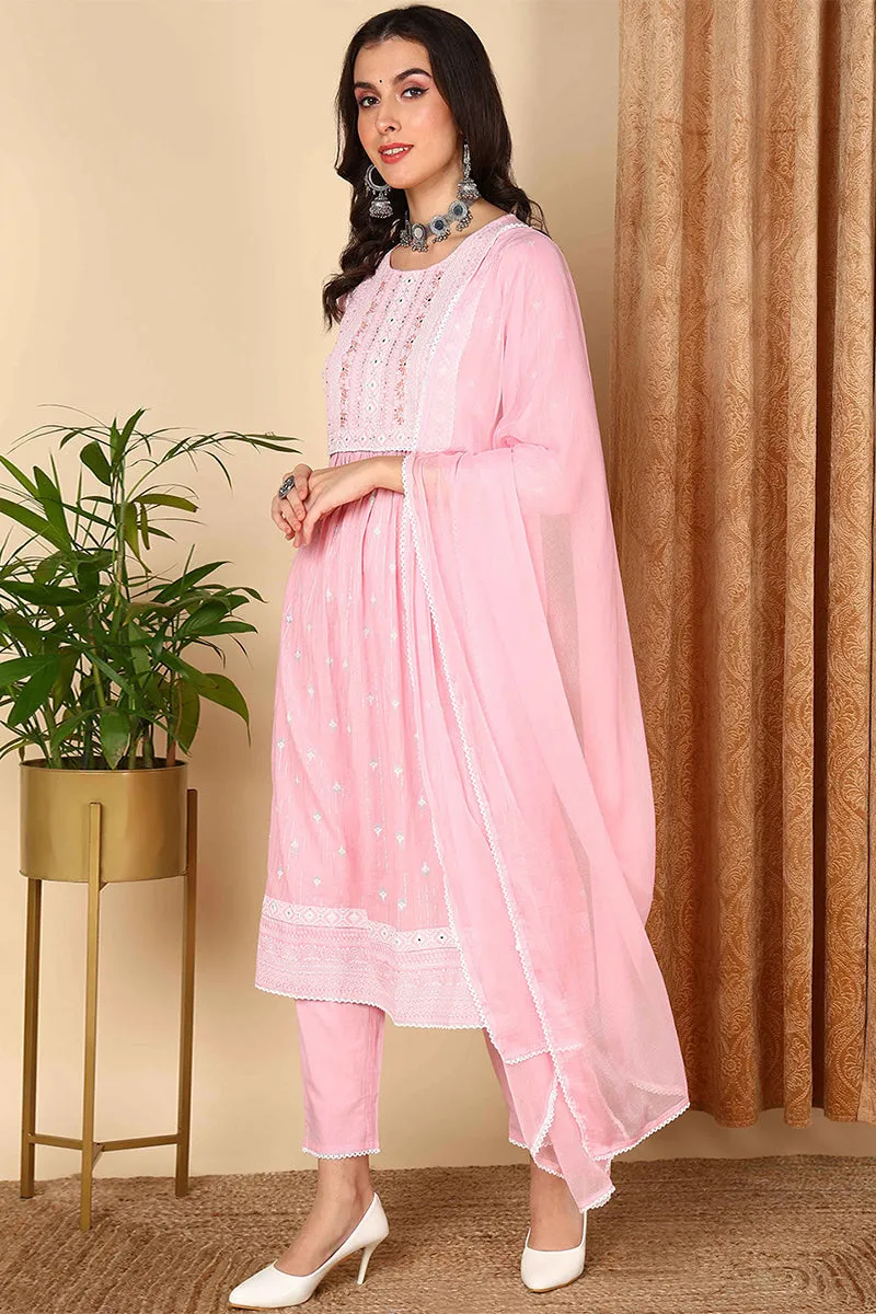 Pink Pure Cotton Ethnic Motifs Printed Yoke Design Suit Set