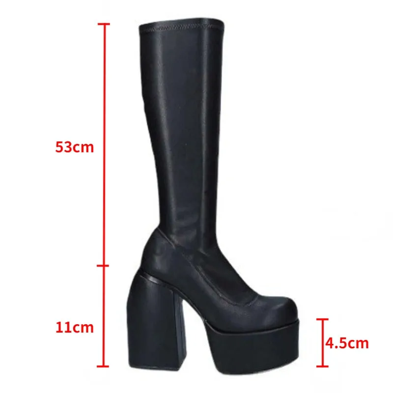 PU Leather Over-the-Knee Boots Women Punk Shoes Platform High-Heel Boots Chunky Motorcycle Black Autumn Mid-Calf Winter