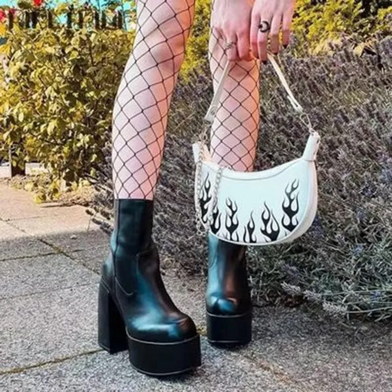 PU Leather Over-the-Knee Boots Women Punk Shoes Platform High-Heel Boots Chunky Motorcycle Black Autumn Mid-Calf Winter