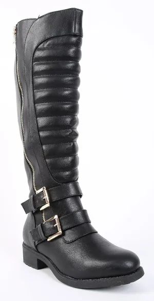 Quilted Leatherette Strap Riding Vegan Knee Boot