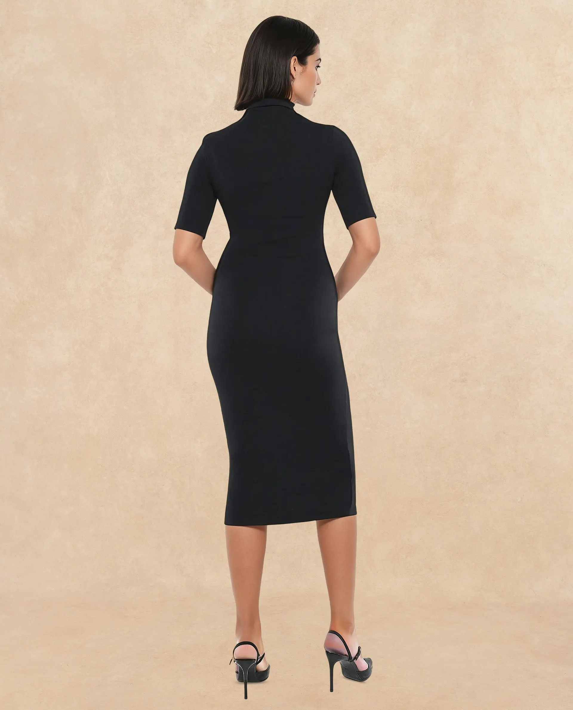 Rareism Women Rotary Black Knitted Plain Dress