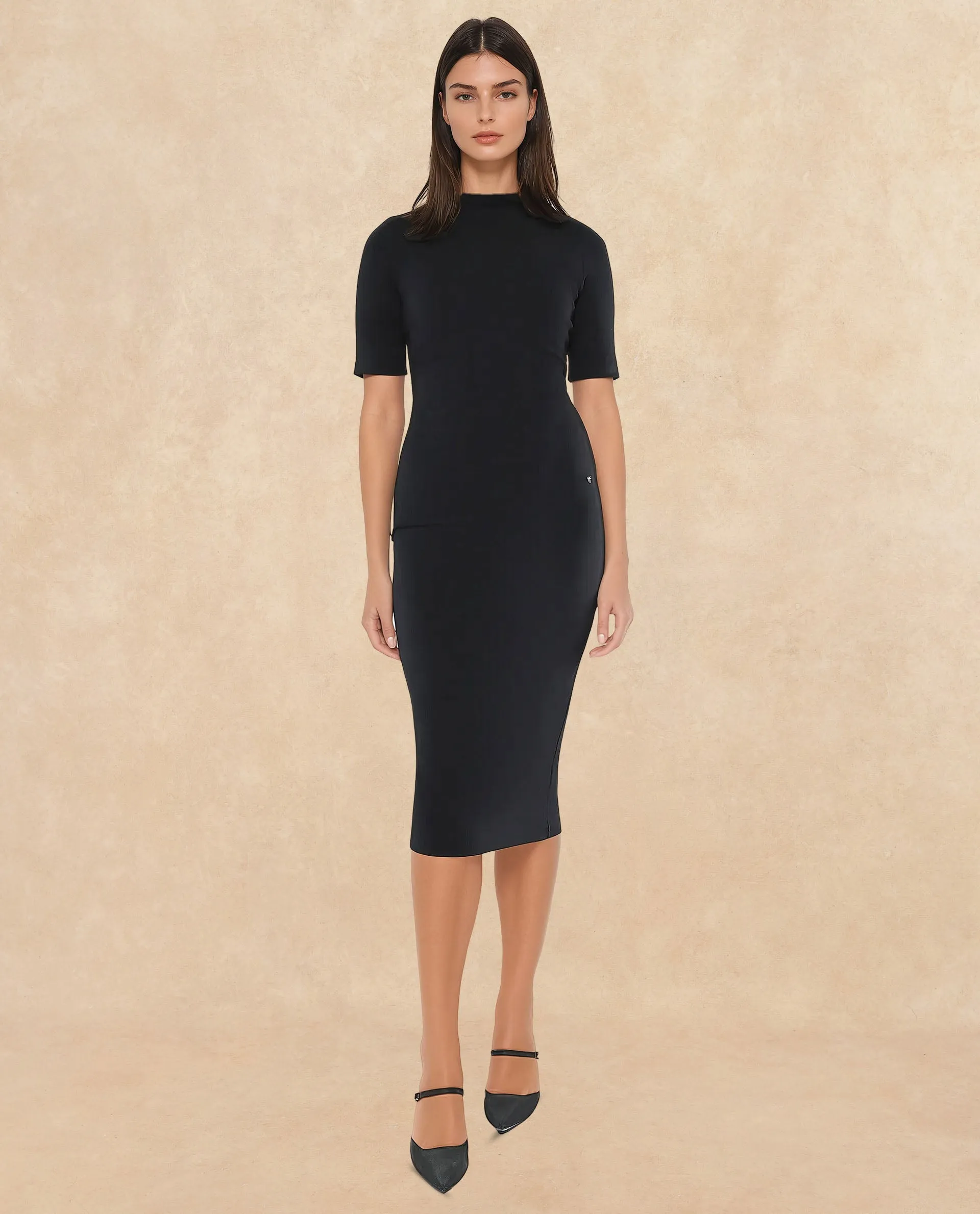 Rareism Women Rotary Black Knitted Plain Dress