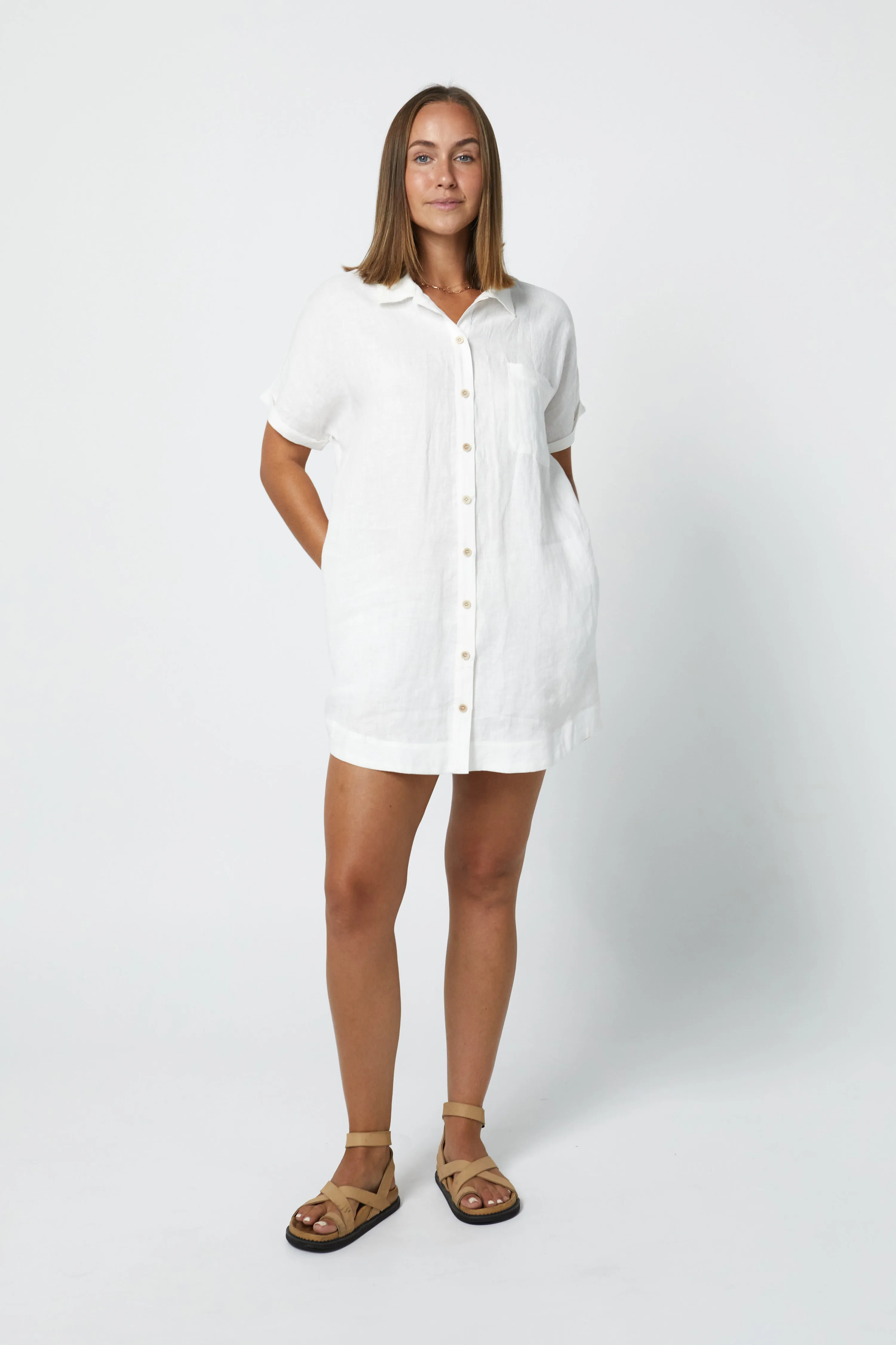 RAYLEIGH LINEN SHIRT DRESS - WHITE