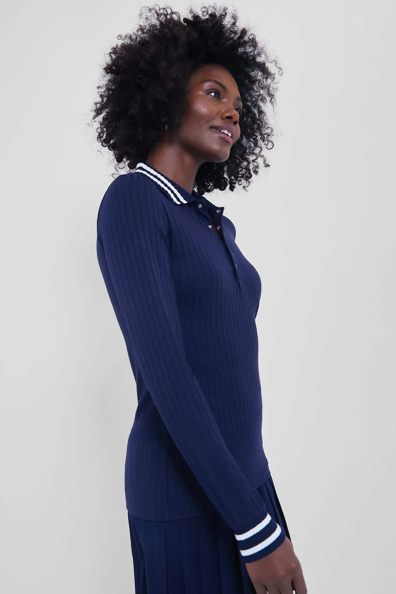 Refined Navy Long Sleeve Drop Needle Rib Knit Polo