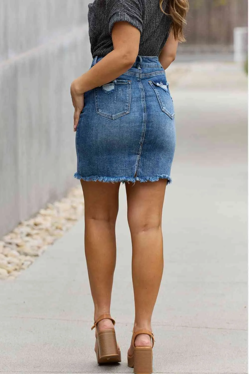 RISEN Amelia Full Size Distressed Denim Mini Skirt