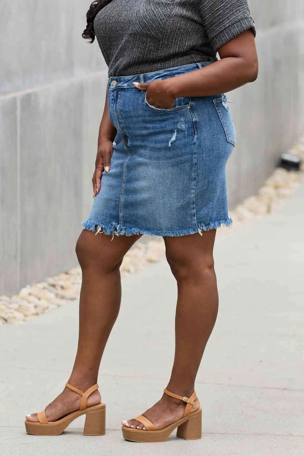 RISEN Amelia Full Size Distressed Denim Mini Skirt