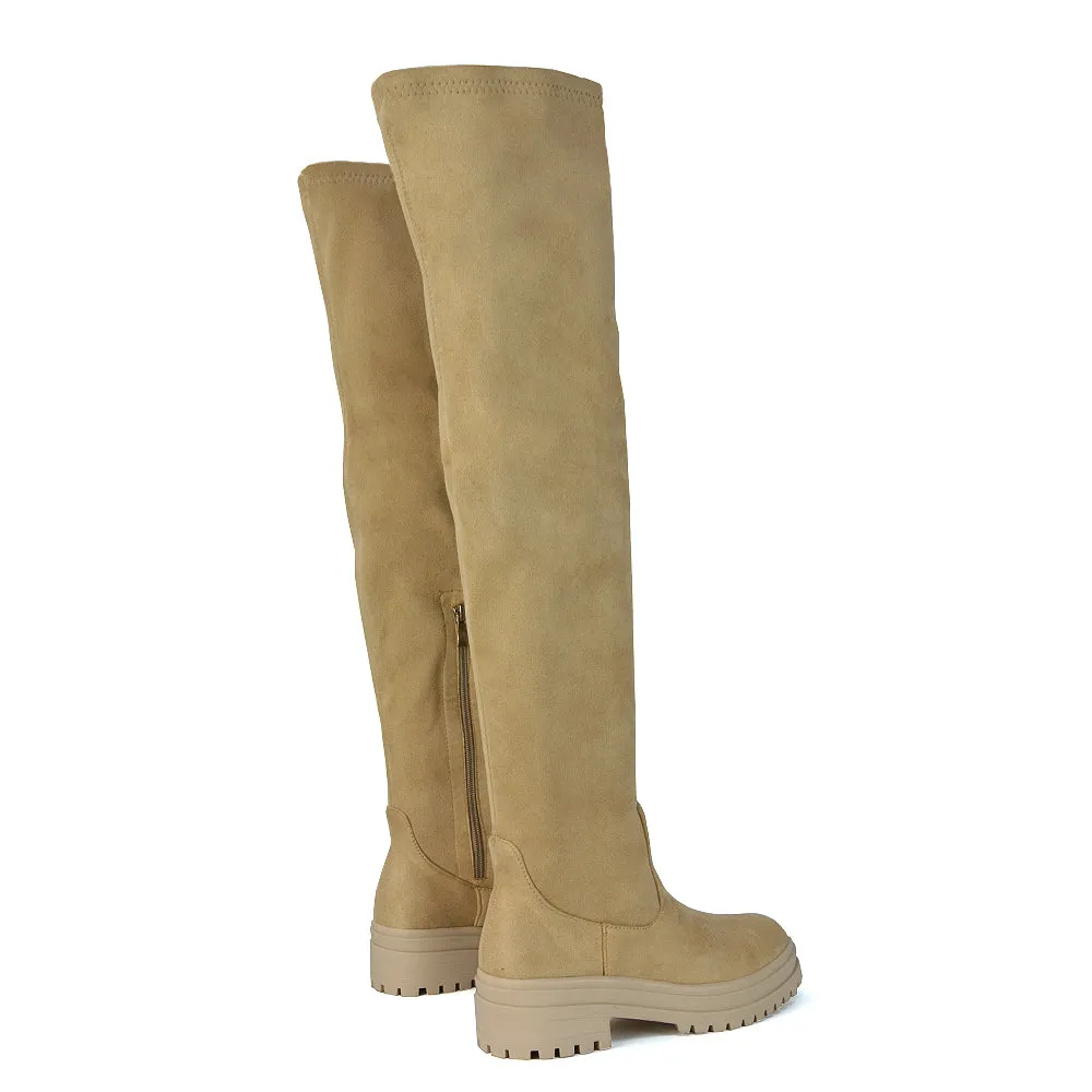 Rosalia Flat Chunky Sole Over the Knee Thigh High Long Boots in Nude Faux Suede