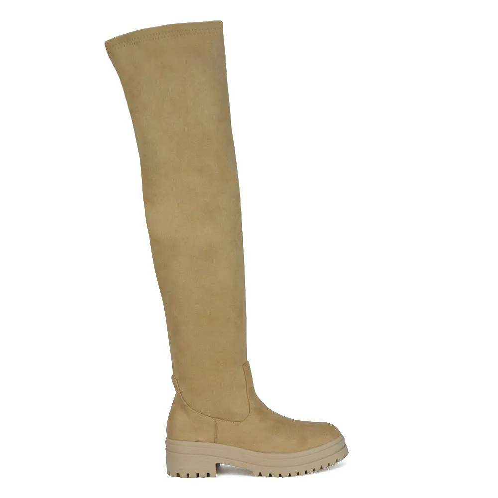 Rosalia Flat Chunky Sole Over the Knee Thigh High Long Boots in Nude Faux Suede