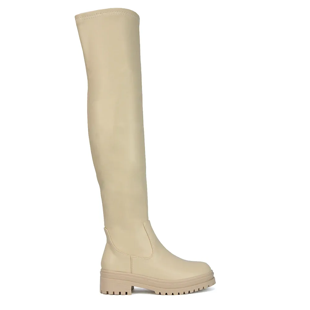 Rosalia Flat Chunky Sole Over the Knee Thigh High Long Boots in Nude Faux Suede