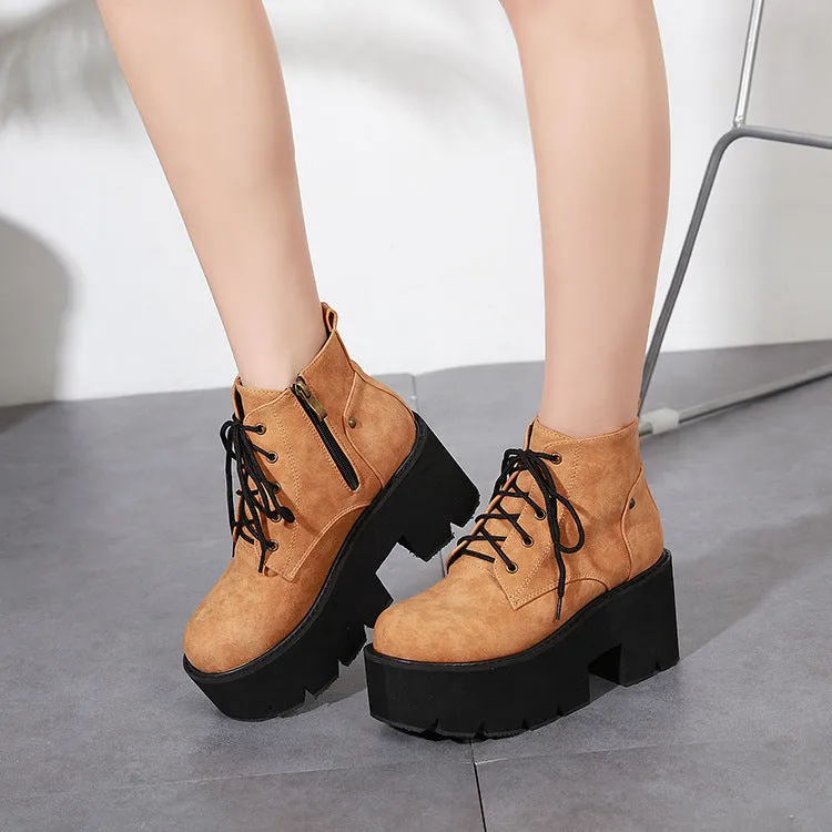 Round Toe Lace Up Platform Motorcycle Boots 3777