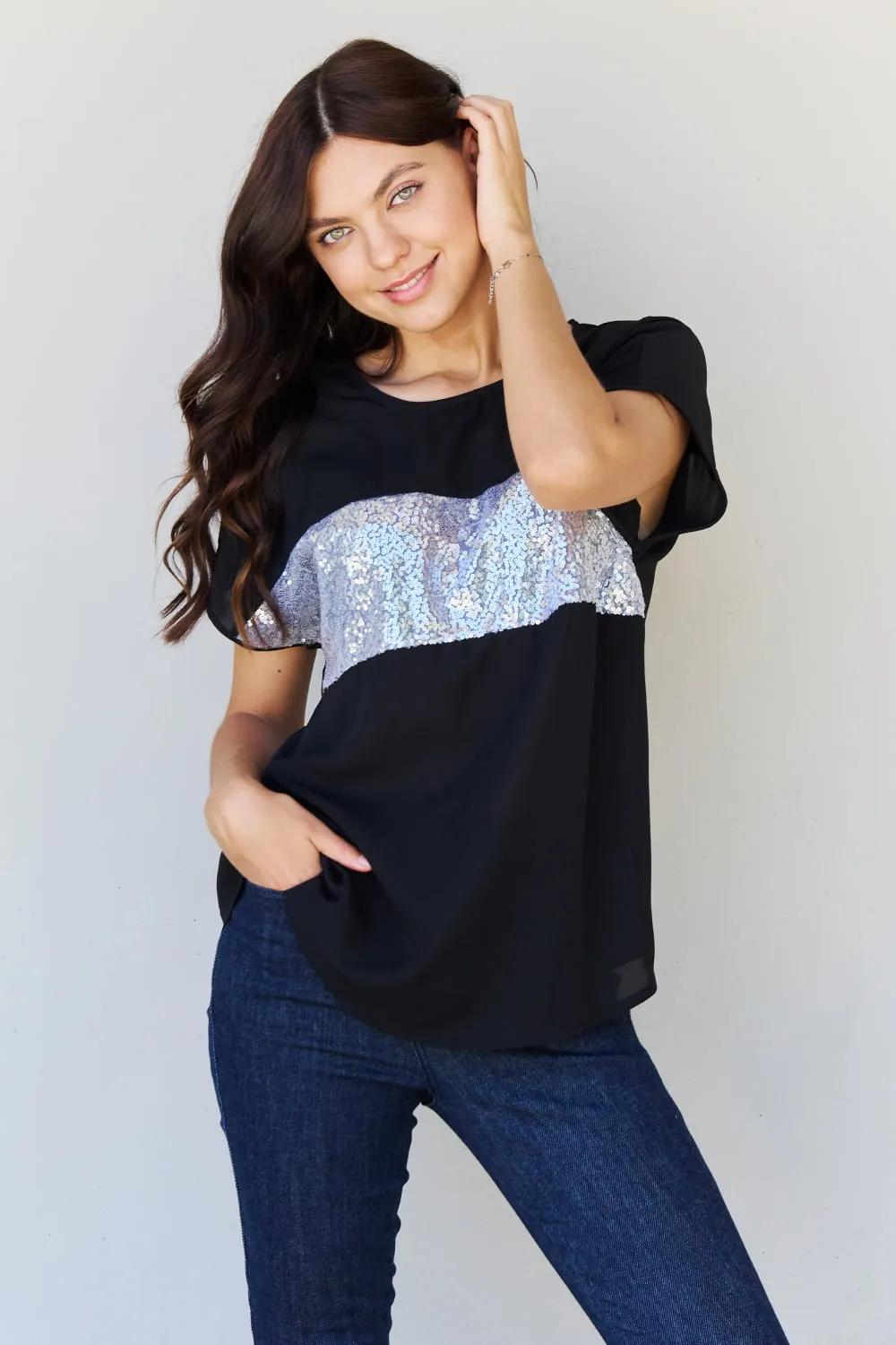 Sew In Love Shine Bright Full Size Center Mesh Sequin Top in Black/Silver